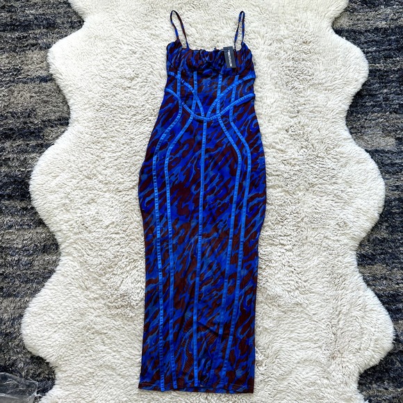 *NWT* Pretty Little Thing Blue Leopard Print Mesh Binding Midaxi Dress Sz S US 4 - Picture 3 of 12